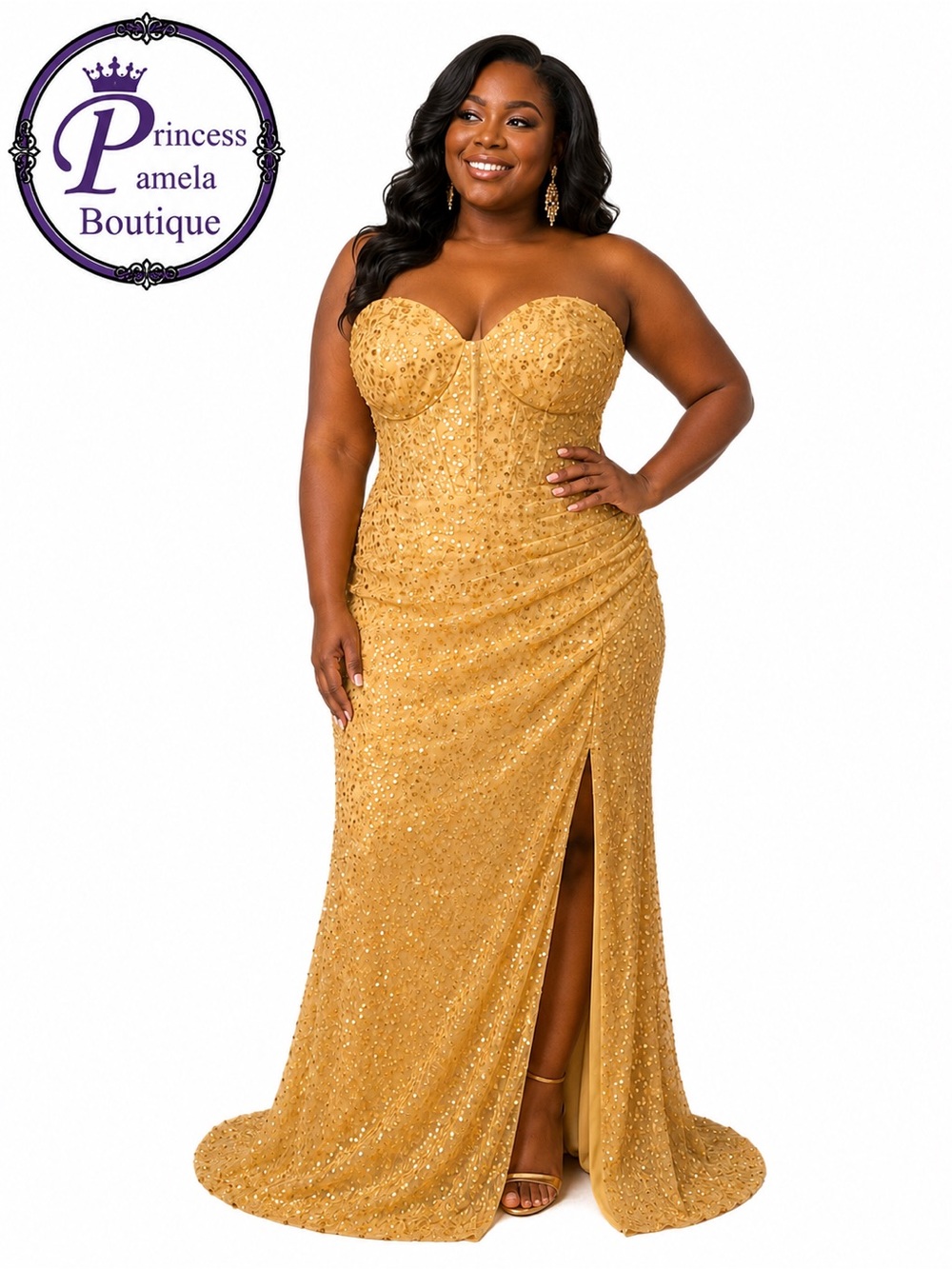 #31-4 Gold  sequin strapless sweetheart bodice dress-1X/Size 16